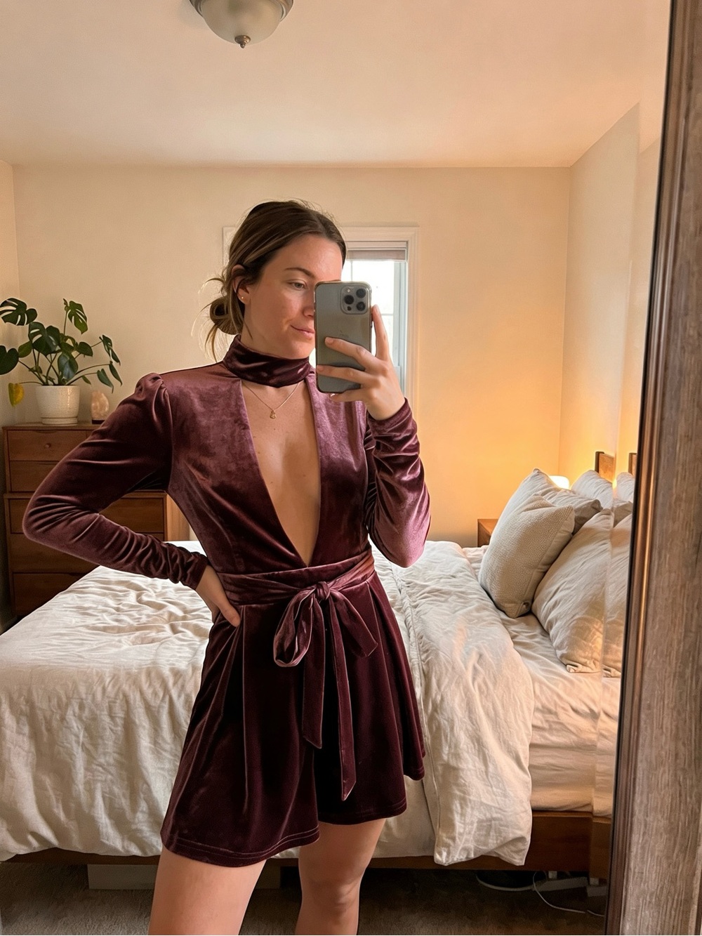 Elegant Velvet Long Sleeve Romper in Mauve